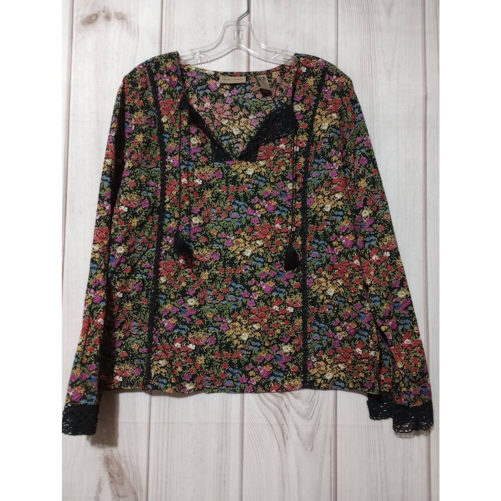 I. E Relaxed Shirt Ladies 14 Black Purple Floral‎ Long Sleeve